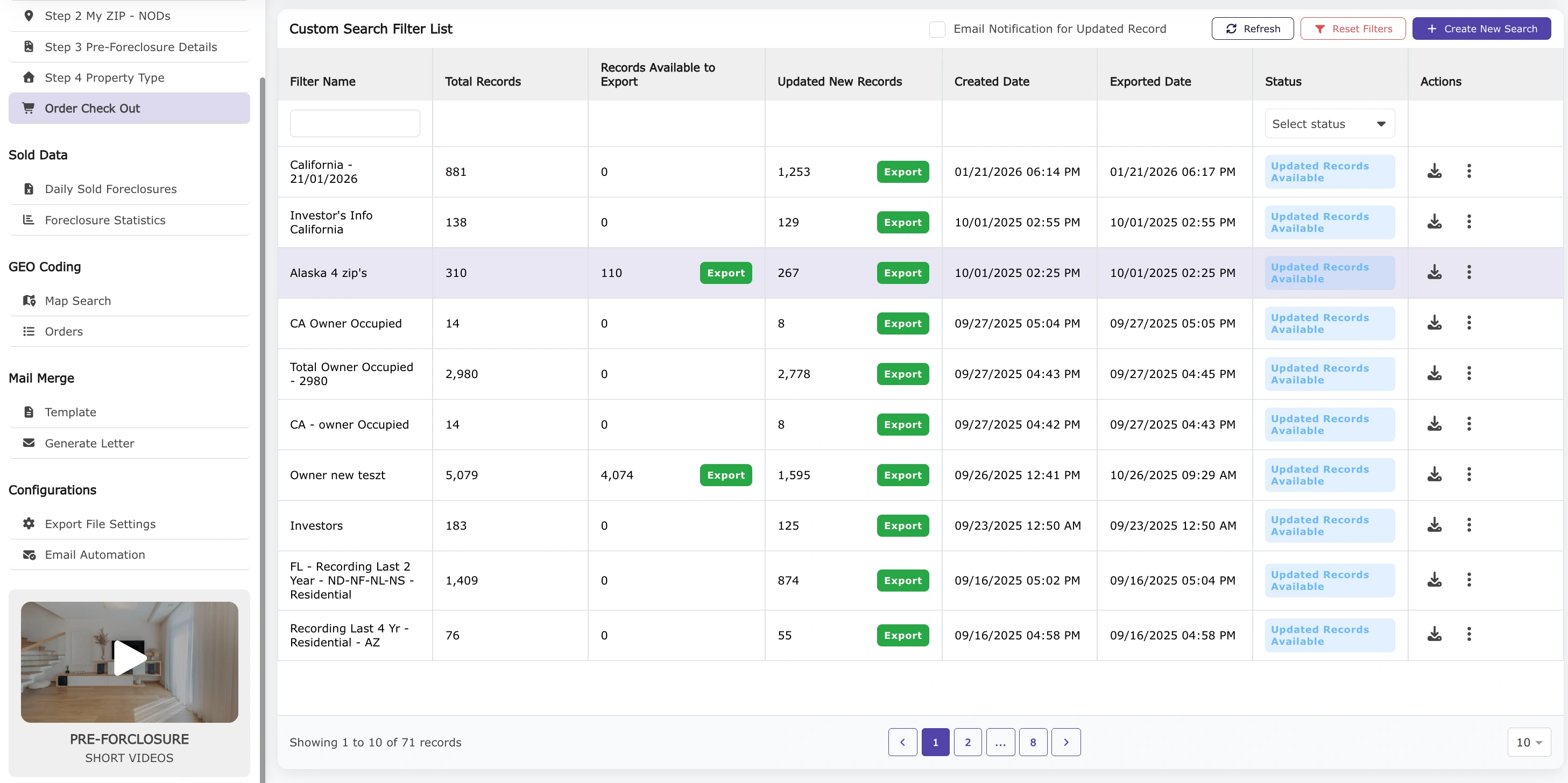 Foreclosure Custom Filter List