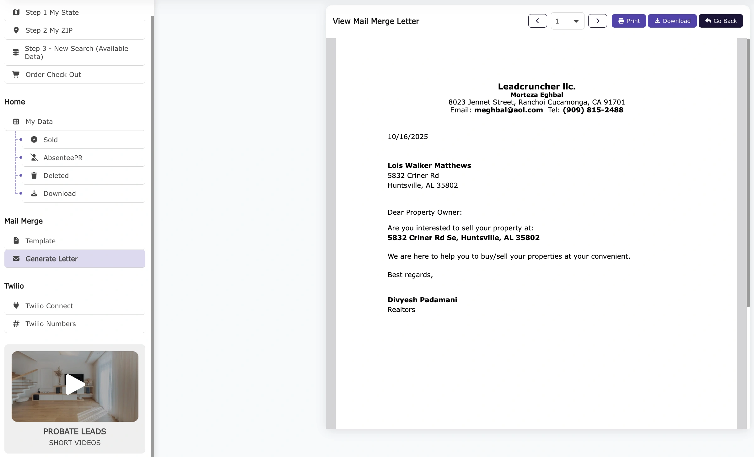 Probate Mail Merge Preview