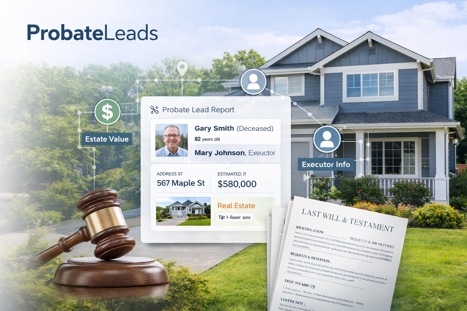 ProbateLeads platform dashboard showing probate case filings, inheritance property records, and heir contact data