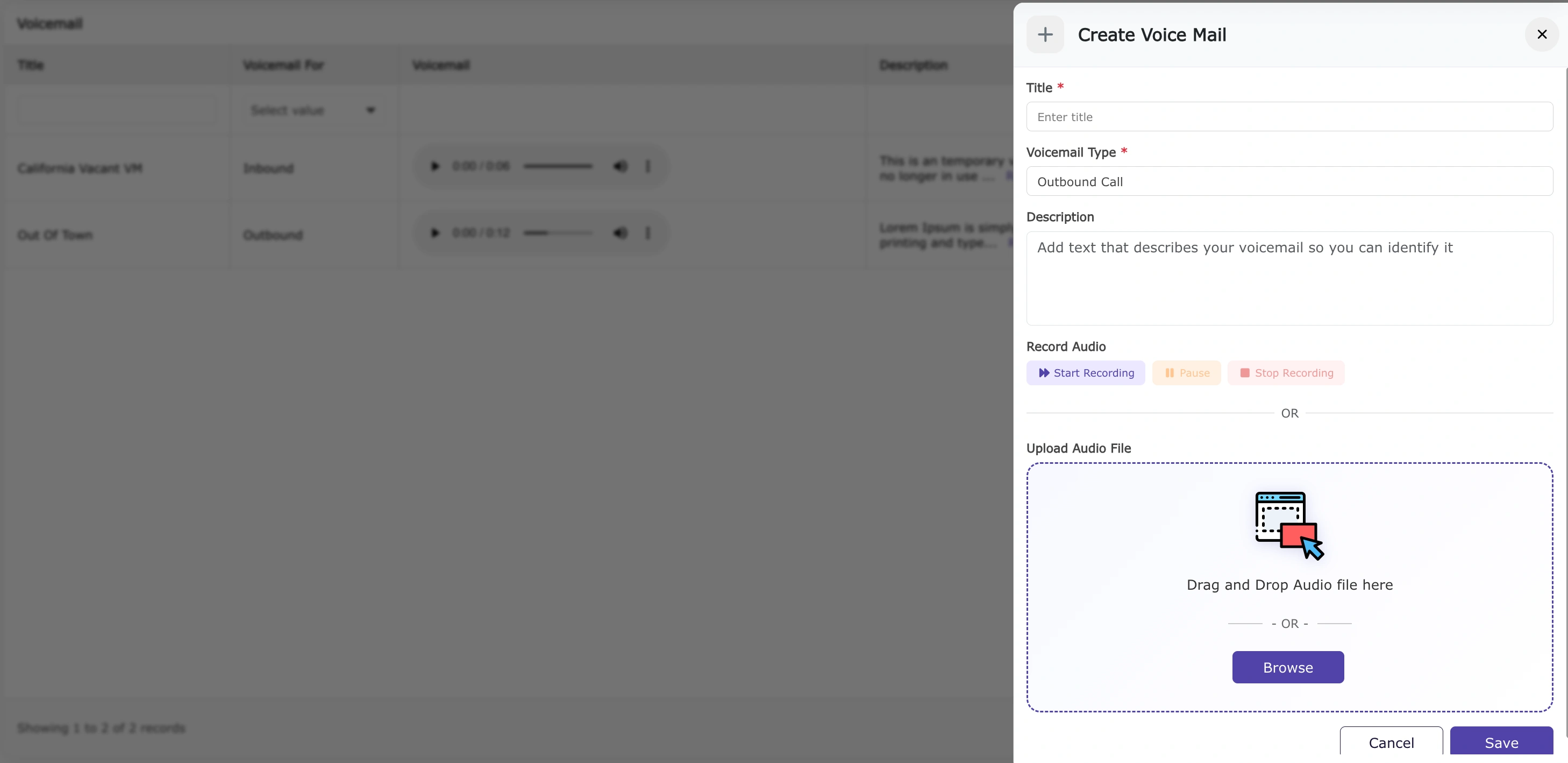 Dialer Create Voice Mail Preview