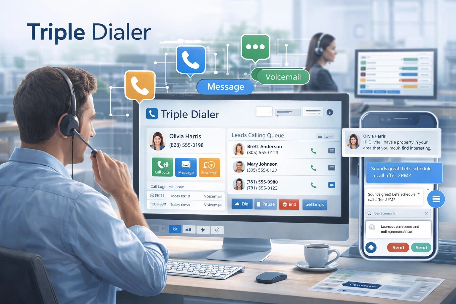 LeadCruncher Triple Dialer dashboard with auto-dialing, call transfer, and skiptrace integration