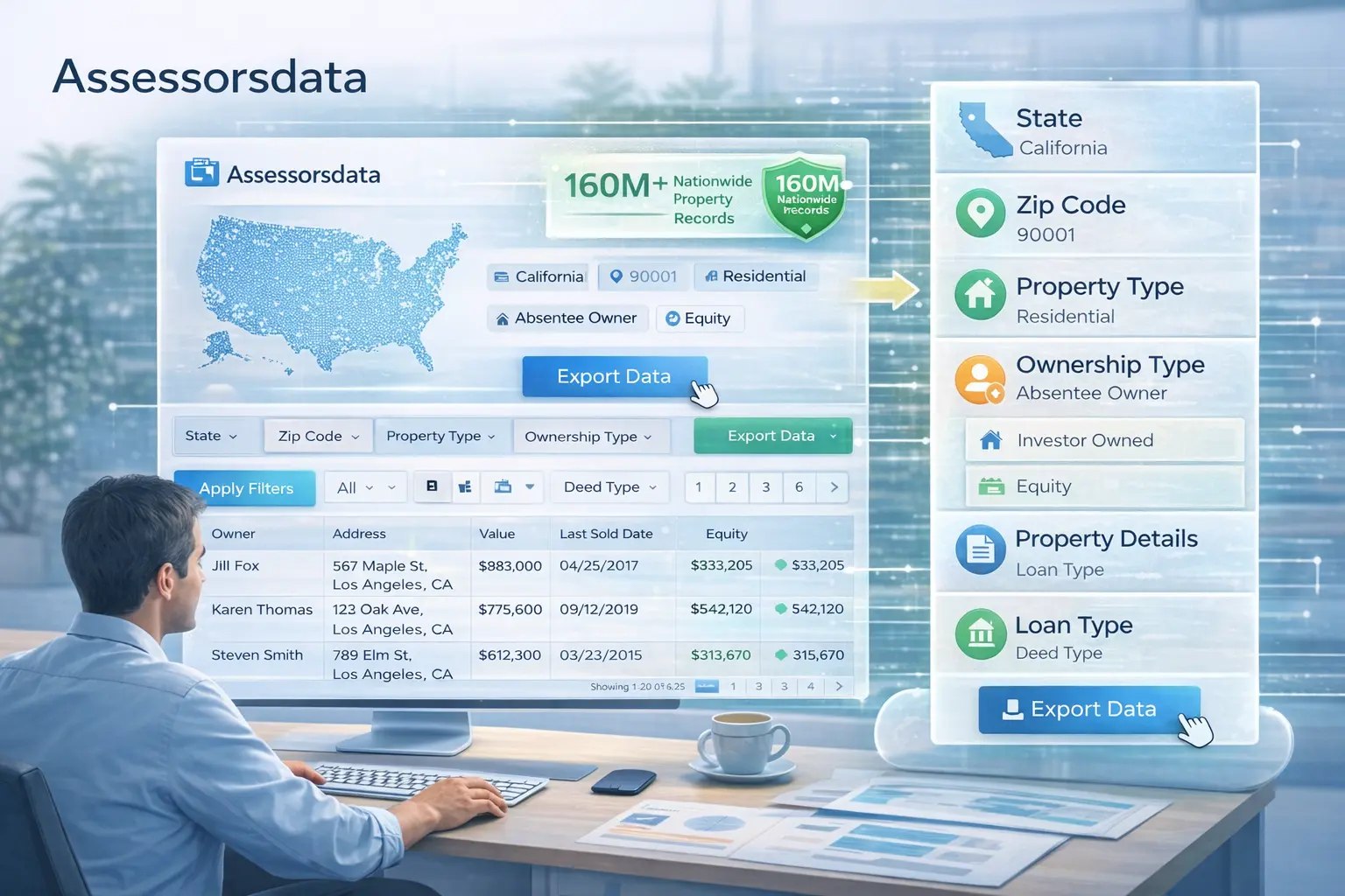 AssessorsData web application dashboard showing nationwide property records with search filters and data fields
