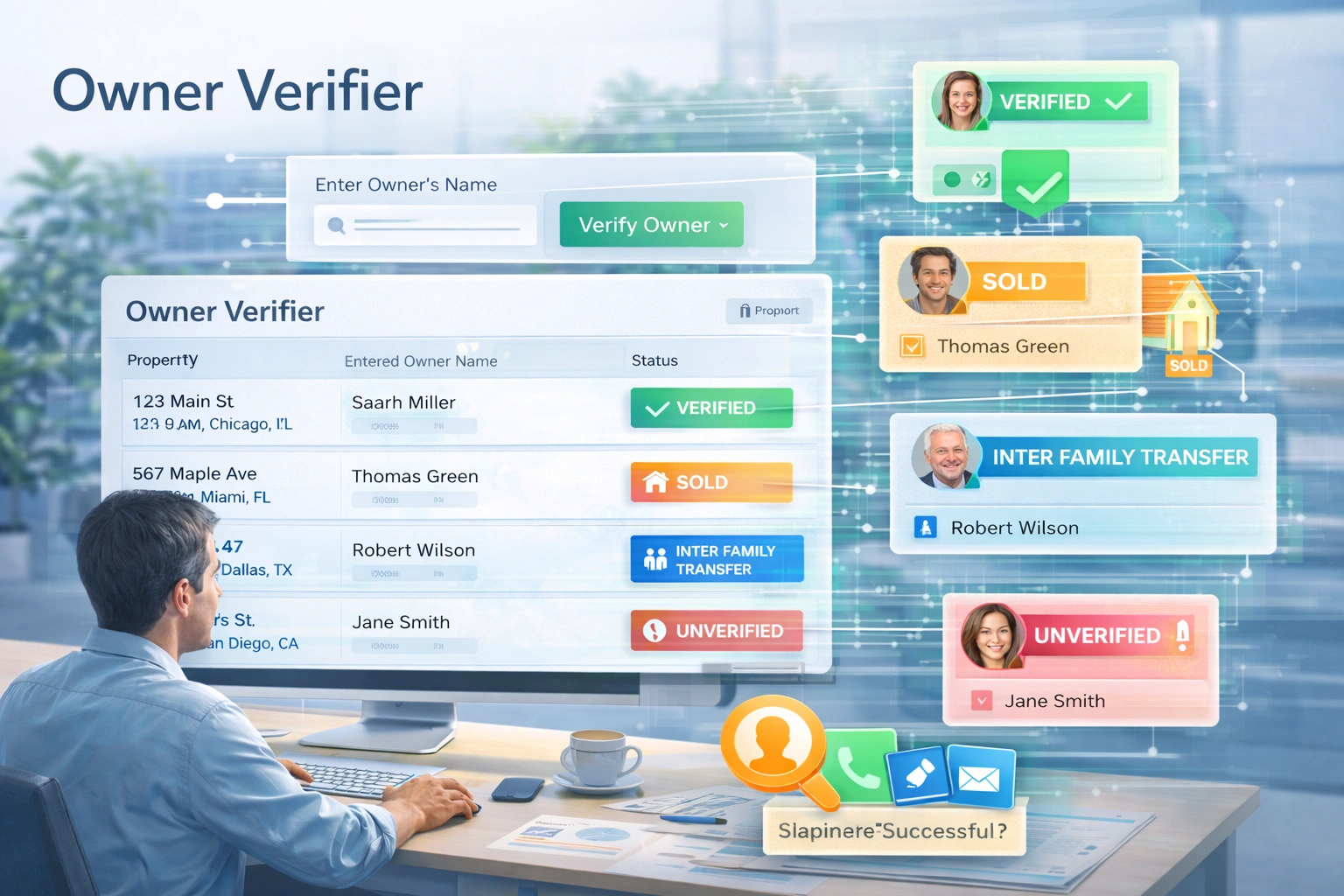 Owner Verification dashboard showing property ownership validation and verification status