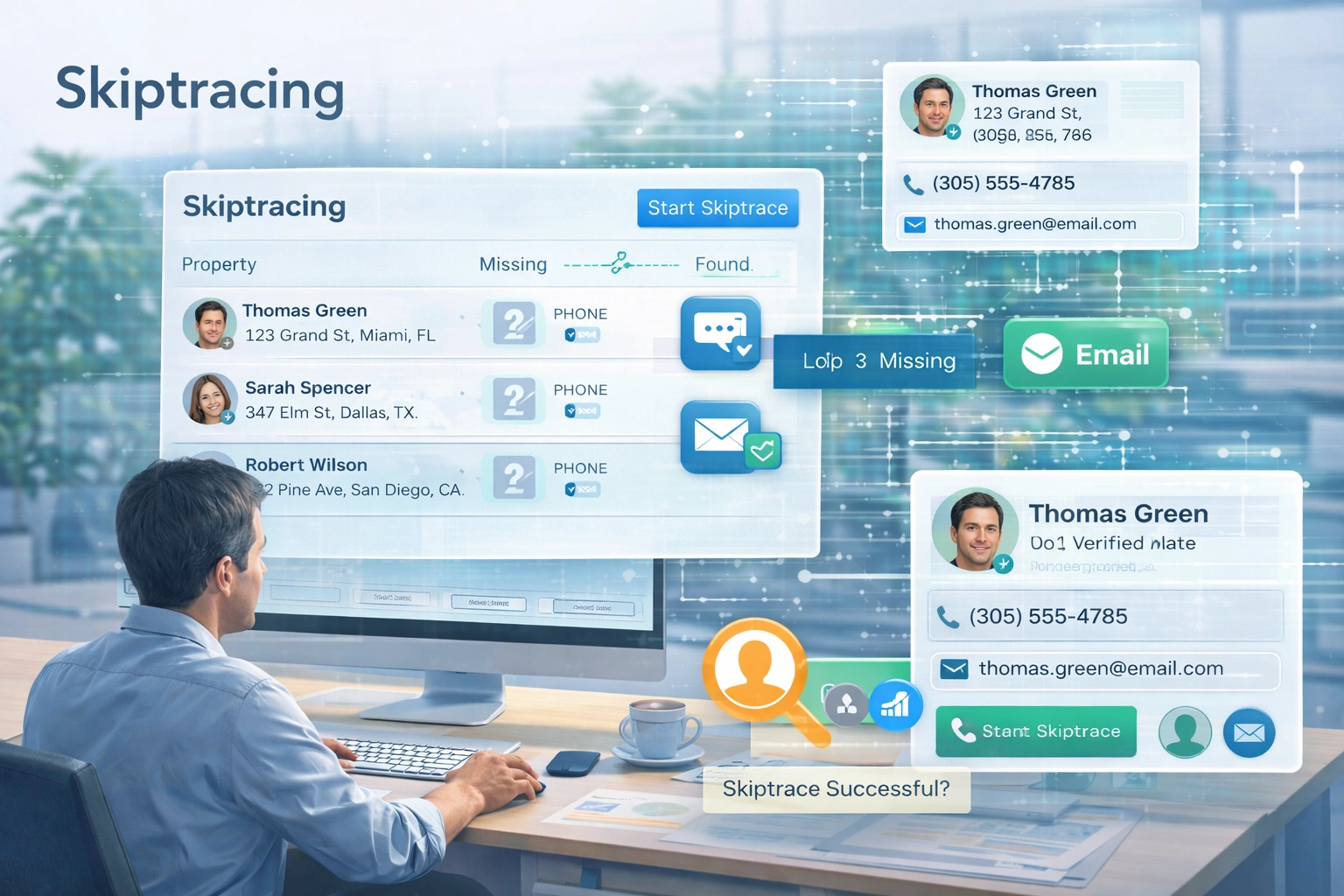 LeadCruncher Skiptrace dashboard showing contact lookup results with phone numbers and emails