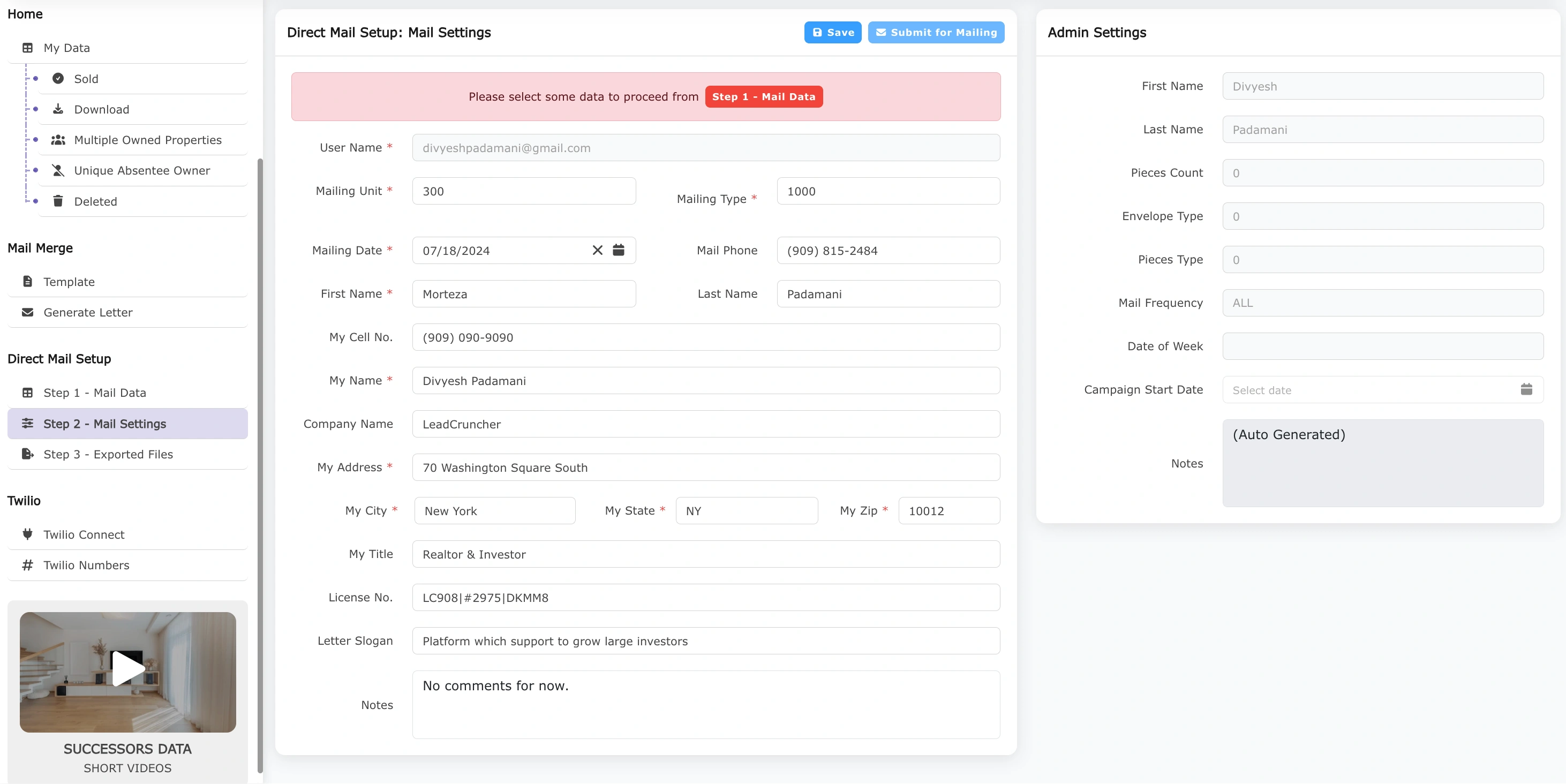 Direct Mail Setup: Mail Setting