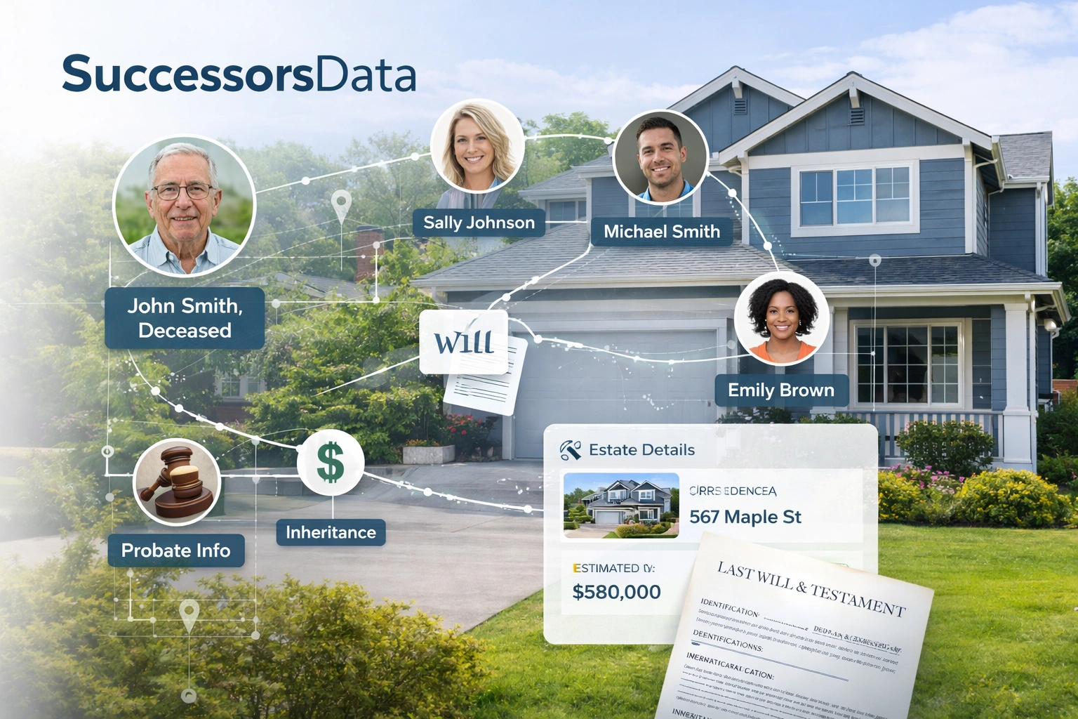 SuccessorsData platform dashboard showing probate and inheritance property records with successor contact data
